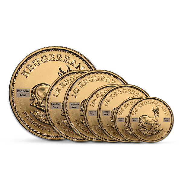 A range of gold Krugerrand coin sizes